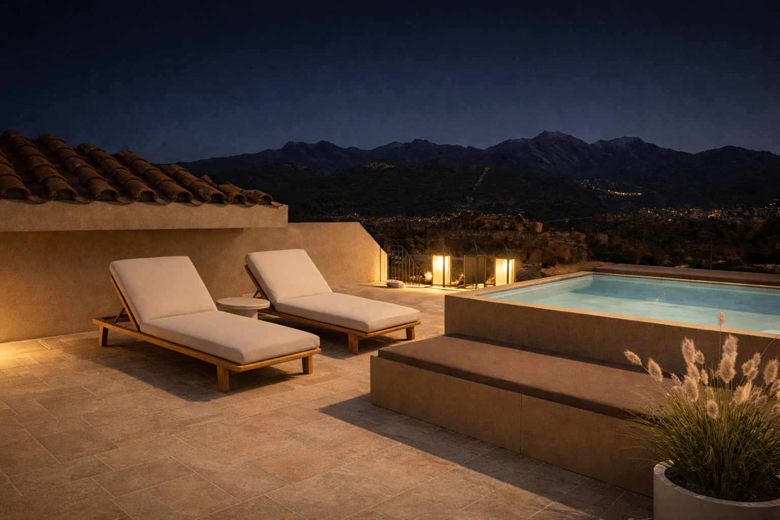 Private terrace at dusk, Sierra de las Nieves on the horizon.