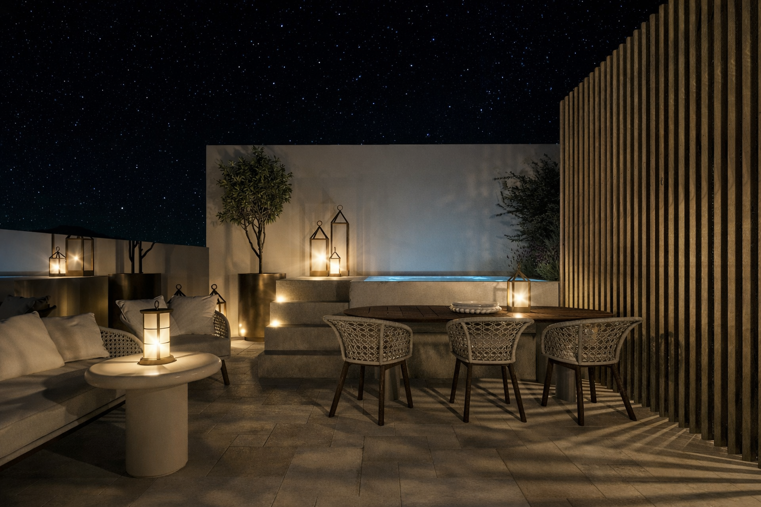 Rooftop terrace within Luna Nova after dark, warm light over the estate.
