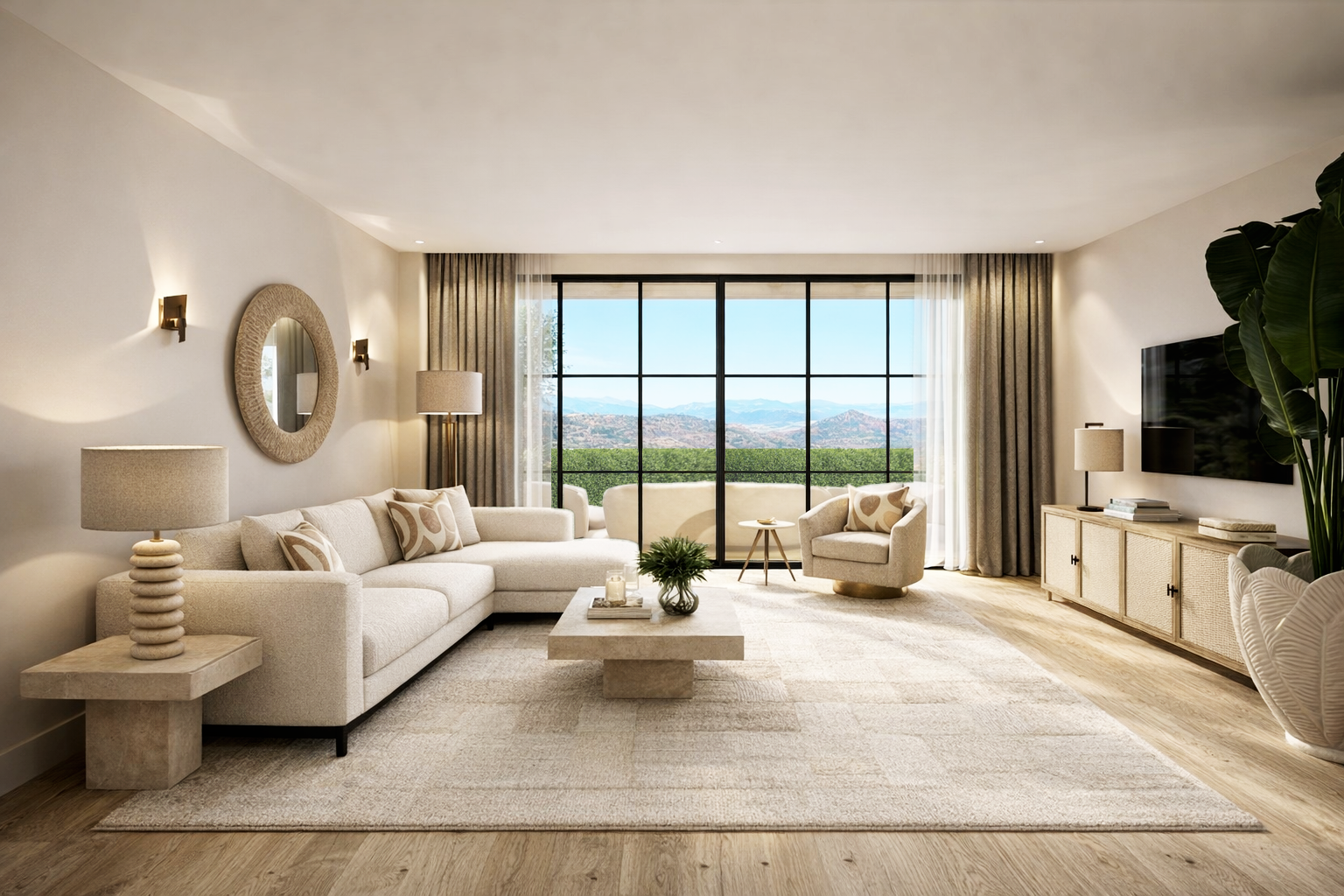 Living room with bouclé sofa, travertine coffee table and floor to ceiling window overlooking the Sierra.