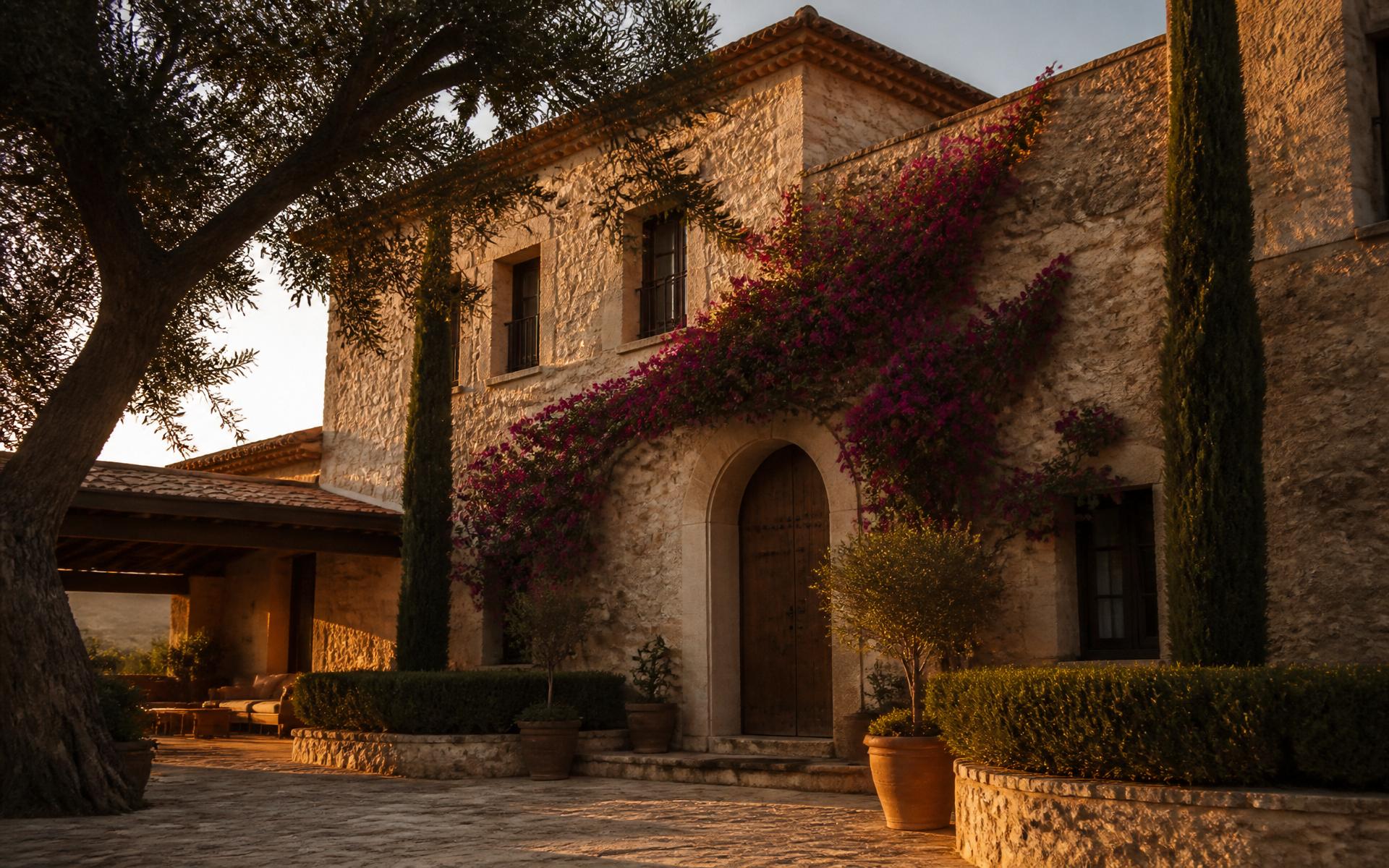 Andalusian stone villa exterior with bougainvillea at sunset