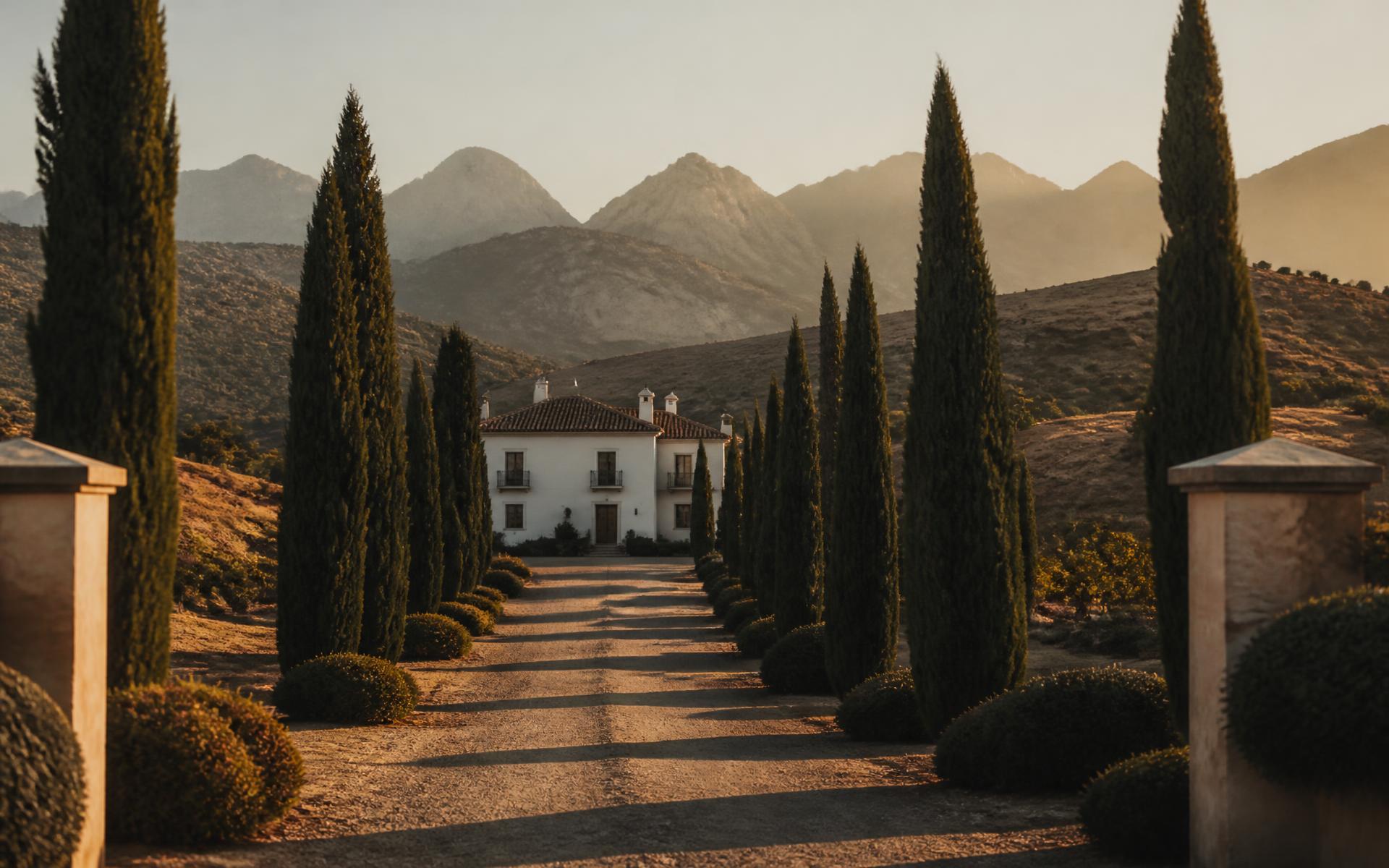 Andalusian stone villa exterior with bougainvillea at sunset