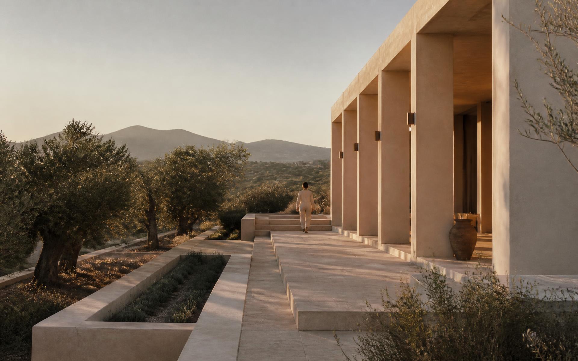 Infinity pool terrace at dusk with view over Sierra de las Nieves