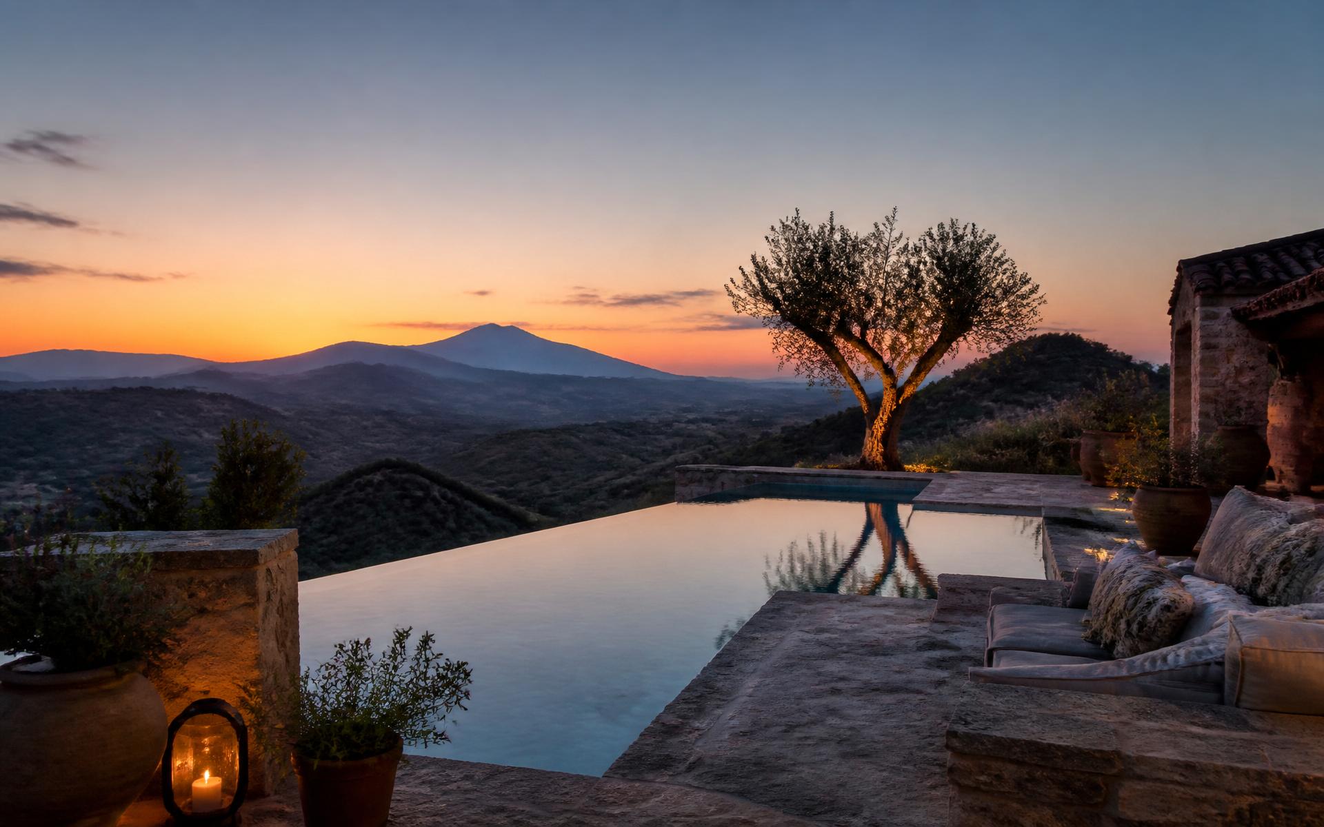 Infinity pool terrace at dusk with view over Sierra de las Nieves